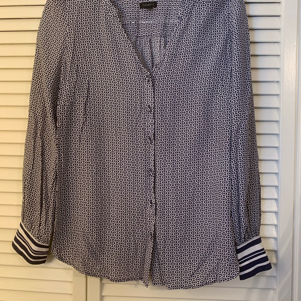 Talbots Navy and White Geometric Blouse